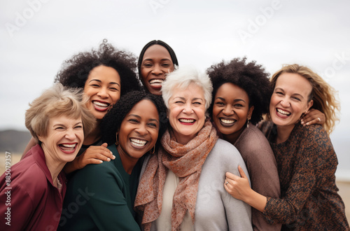 Diverse Group of Women of All Ages Smiling and Embracing Each Other in a Joyful Outdoor Setting