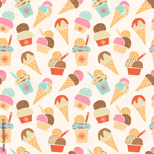Retro Ice-cream vector seamless pattern. Hand drawn various colorful textured summer frozen desserts on cream off-white background. Cute gelato in waffle cones and cups. Modern sweet food repeat tile