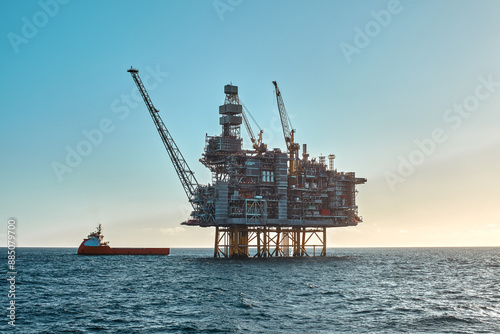 Offshore oil and gas jackup platform, during cargo operations with supply vessel in the sea on clear sunny day.