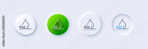 Waterproof line icon. Neumorphic, Green gradient, 3d pin buttons. Water resistant ip66 sign. Drop protection symbol. Line icons. Neumorphic buttons with outline signs. Vector