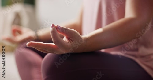 Wallpaper Mural Meditate, calm and living room with lotus pose for zen with asana, relax and tranquility for healthy mind. Person, peace and chakra for balance with exercise for breathe, training and namaste. Torontodigital.ca