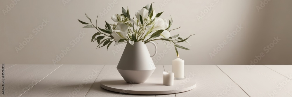 A high-quality photograph of a minimalist still life with a modern vase, white flowers, and candles on a wooden table. A high-quality photograph of a minimalist still life with a modern vase, white flowers, and candles on a wooden table.