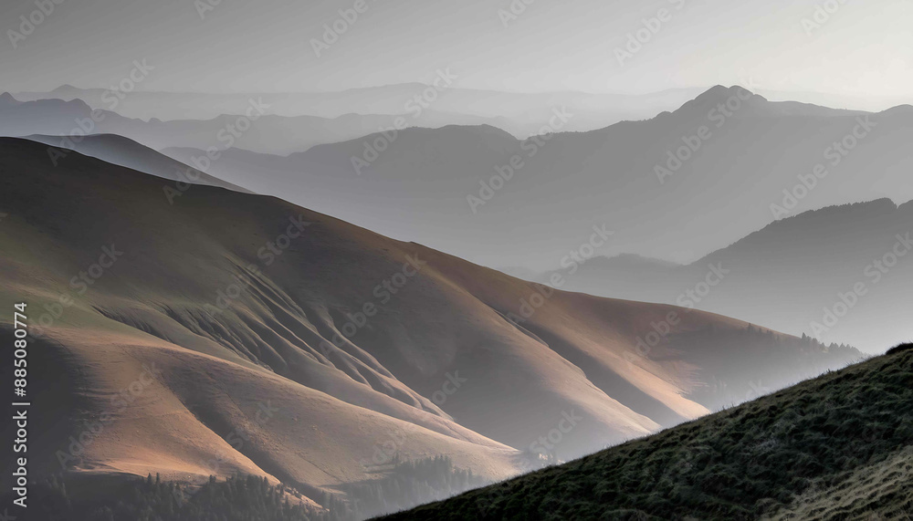Majestic mountain vista bathed in the golden light of sunrise, with wispy fog clinging to the valleys below Majestic mountain vista bathed in the golden light of sunrise, with wispy fog clinging to the valleys below