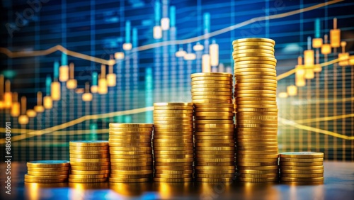Golden coins stacked high with financial charts and graphs in background, symbolizing wealth and successful investment opportunities.
