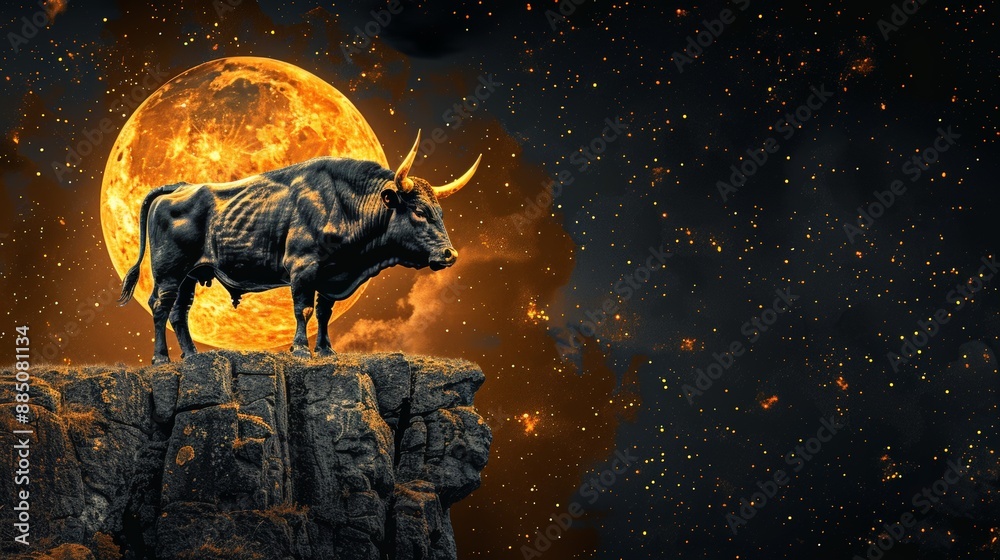 Naklejka premium Majestic bull on a rocky cliff, backlit by a giant glowing moon. This dramatic scene evokes power, prosperity, and the relentless drive for success in the financial world.