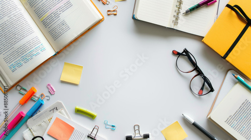 White background of study essentials including open textbooks, notebooks, sticky notes, highlighters, and glasses.