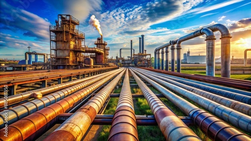 Oil storage tanks and pipeline infrastructure sprawl across a vast industrial landscape under a bright blue cloudless sky. photo