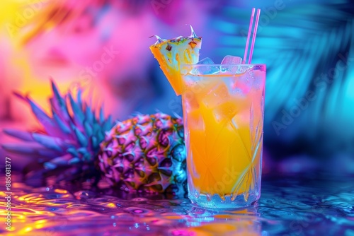 Ananas Margarita Cocktail on Neon Background, Pineapple Tropical Mocktail, Beach Party Coctail photo