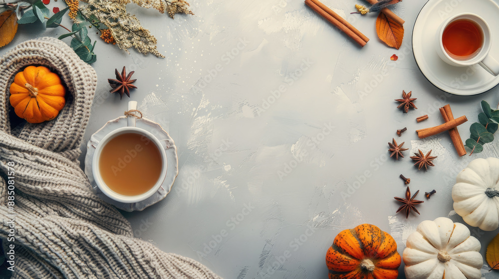 Flat lay background of cozy autumn items such as a warm knitted scarf, a cup of hot cocoa or tea, cinnamon sticks Flat lay background of cozy autumn items such as a warm knitted scarf, a cup of hot cocoa or tea, cinnamon sticks
