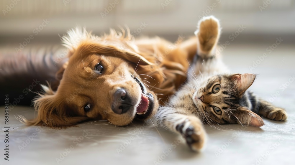 Cute dog and cat playing together, capturing the essence of their playful and loving relationship. Cute dog and cat playing together, capturing the essence of their playful and loving relationship.