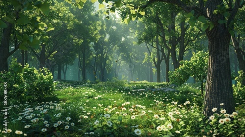 A forest with green trees and flowers in spring, green unspoiled nature concept
