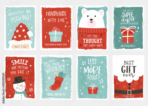 Cute hand drawn gift tags for Christmas, typographic designs and lovely illustrations - vector design