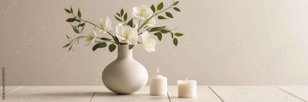A high-quality photograph of a minimalist still life with a modern vase, white flowers, and candles on a wooden table. A high-quality photograph of a minimalist still life with a modern vase, white flowers, and candles on a wooden table.