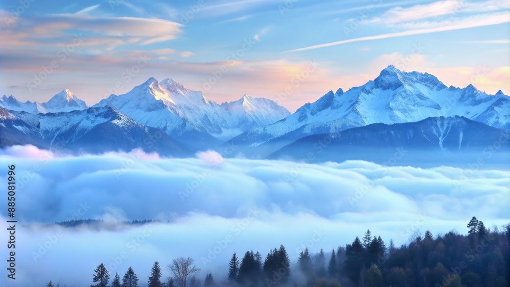 Serene misty dawn landscape with soft pastel hues framing snow-capped mountain peaks rising above a tranquil valley atmosphere. Serene misty dawn landscape with soft pastel hues framing snow-capped mountain peaks rising above a tranquil valley atmosphere.