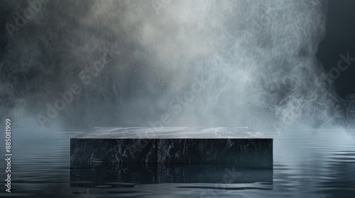 Dark, smoky background with a granite plinth and water reflections, providing an elegant product presentation setting.