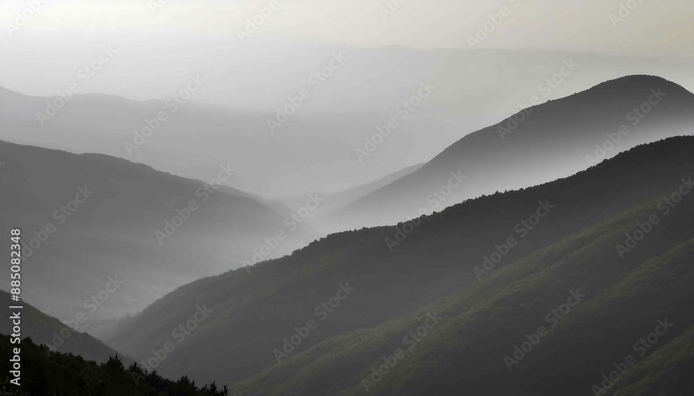 A serene mountain landscape enveloped in morning fog, blending nature's mist with distant hills and a soft sunrise glow A serene mountain landscape enveloped in morning fog, blending nature's mist with distant hills and a soft sunrise glow