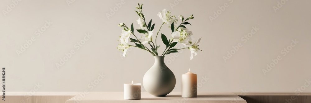 A high-quality photograph of a minimalist still life with a modern vase, white flowers, and candles on a wooden table. A high-quality photograph of a minimalist still life with a modern vase, white flowers, and candles on a wooden table.