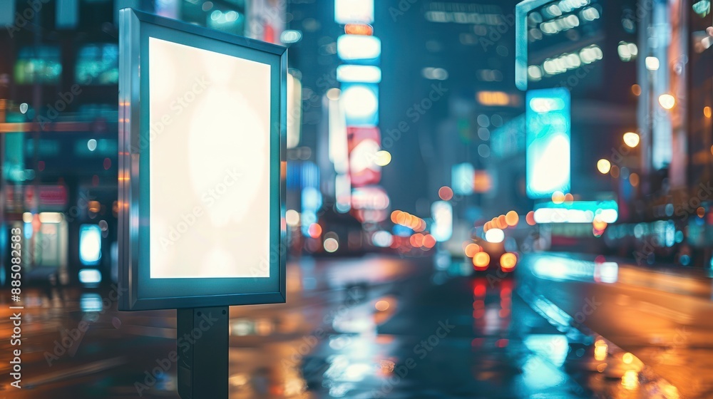 Blank white vertical digital billboard poster on city street bus stop sign at night, blurred urban background with skyscraper, people, mockup for advertisement, marketing Blank white vertical digital billboard poster on city street bus stop sign at night, blurred urban background with skyscraper, people, mockup for advertisement, marketing