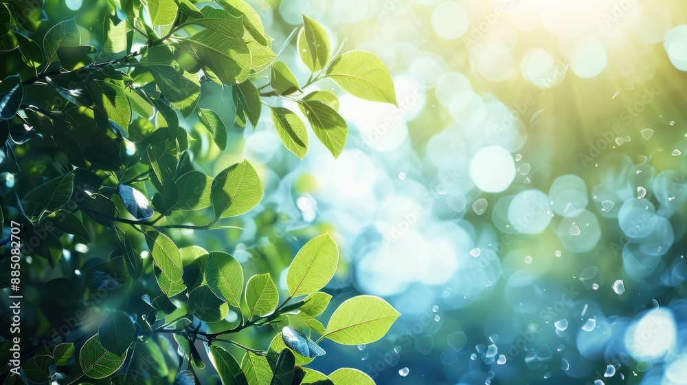 Blurred bokeh background of fresh green spring, summer foliage of tree leaves with blue sky and sun flare Blurred bokeh background of fresh green spring, summer foliage of tree leaves with blue sky and sun flare