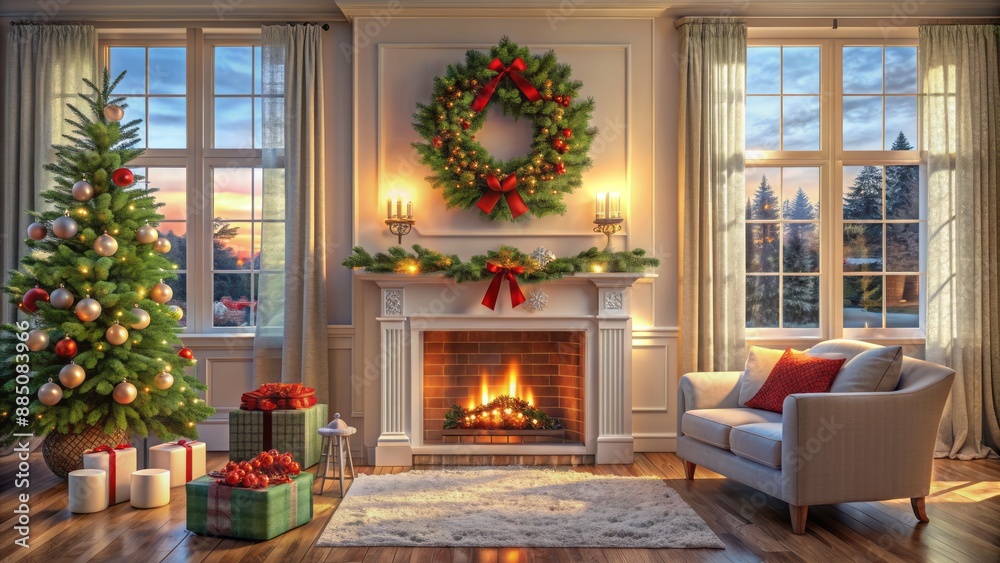 Warm golden light illuminates a cozy living room with a vase of fresh flowers and a beautifully decorated Christmas tree. Warm golden light illuminates a cozy living room with a vase of fresh flowers and a beautifully decorated Christmas tree.