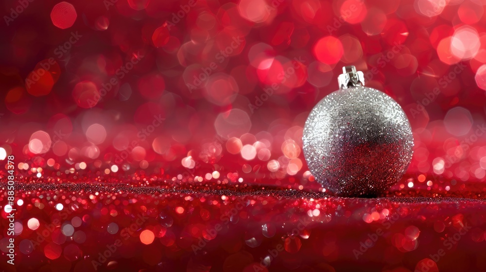 Festive silver ball on red glittery bokeh backdrop for Christmas Festive silver ball on red glittery bokeh backdrop for Christmas