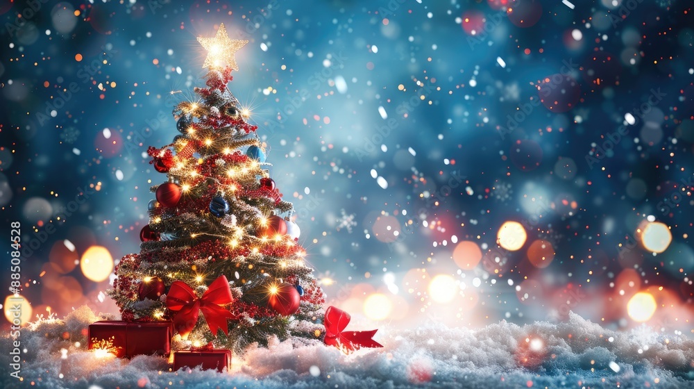 Festive Christmas tree with decorations and snow in a blurry sparkling and glowing setting representing Happy New Year and Xmas theme Festive Christmas tree with decorations and snow in a blurry sparkling and glowing setting representing Happy New Year and Xmas theme