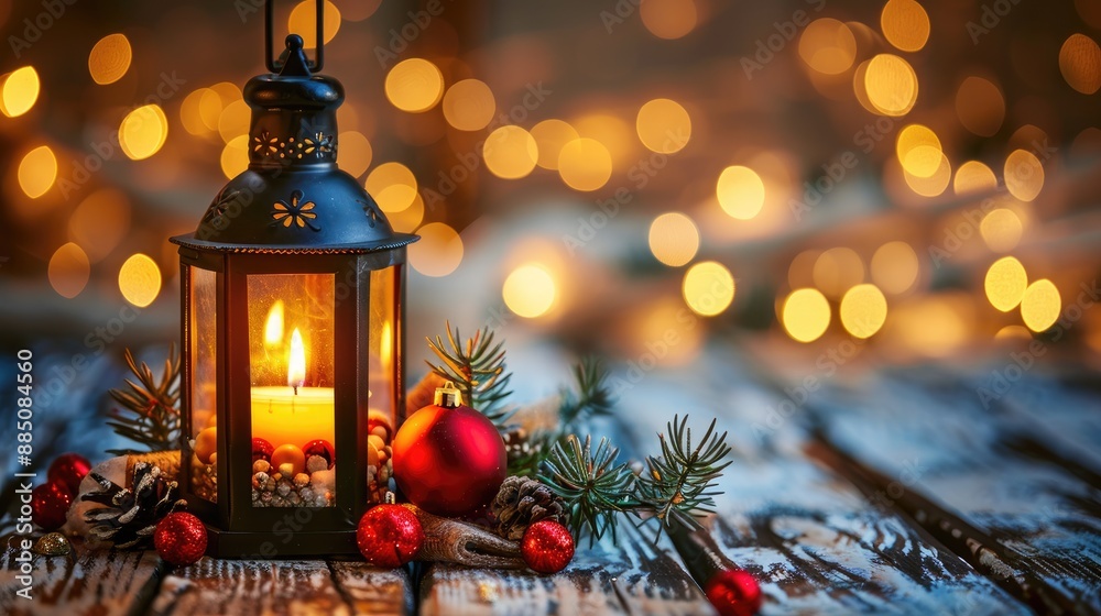 Festive Christmas lantern with candle on wooden table Room for text Festive Christmas lantern with candle on wooden table Room for text