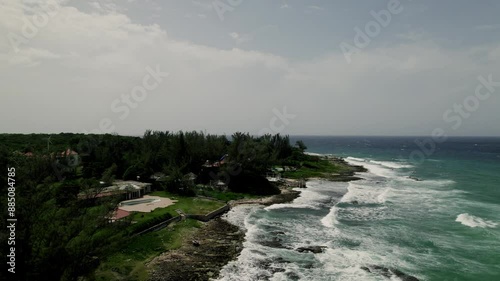 Stunning aerial drone tropical shot of blue sky turquoise water in st. ann's ochos rios Jamaica stunning view and scenery destination vacation photo