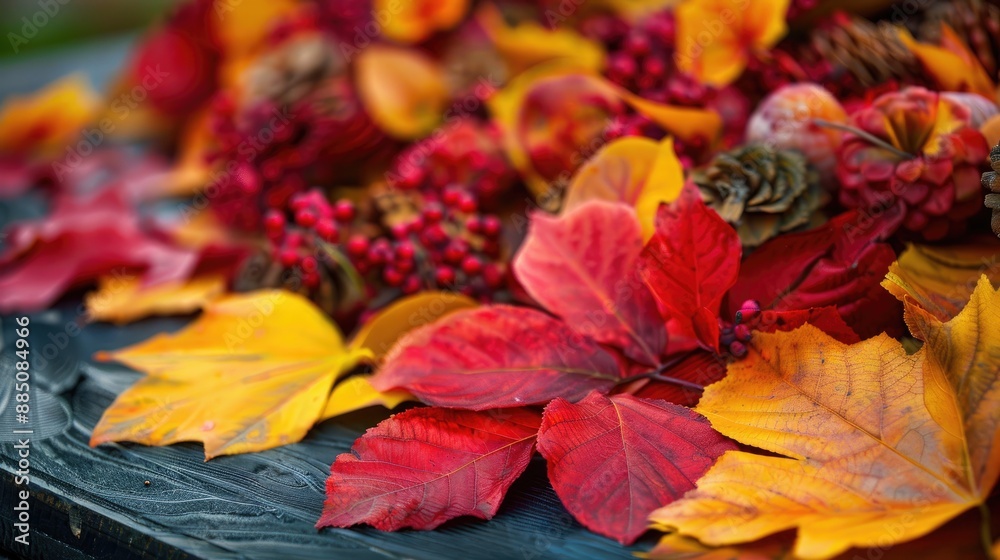 Fall theme table with red and yellow leaves Fall theme table with red and yellow leaves