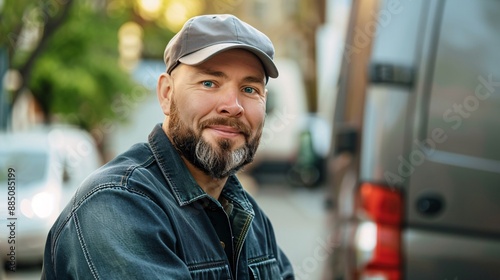 Portrait of a smiling delivery man taking a break outside