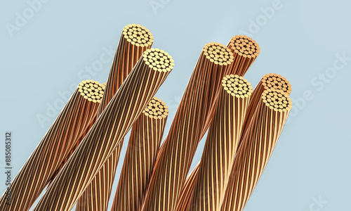 Copper wire showing strands of conductive metal on blue background