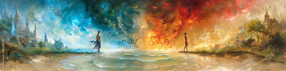 Φωτογραφία Two men on opposite shores, one in light, the other in chaos, symbolizing choice between good and evil