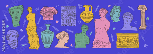 Greek ancient big set, various antique statues. Heads, vase, body. Vector hand drawn illustrations of classic sculpture in trendy modern style