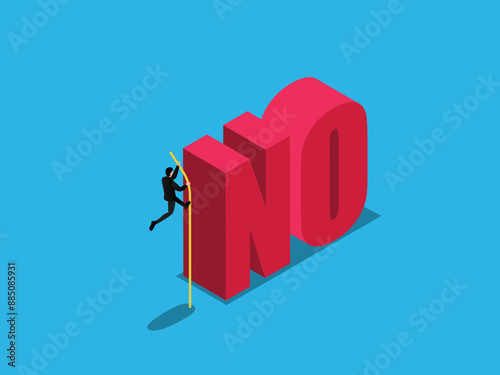 Businessman jumping to cross the word NO 3d isometric vector illustration