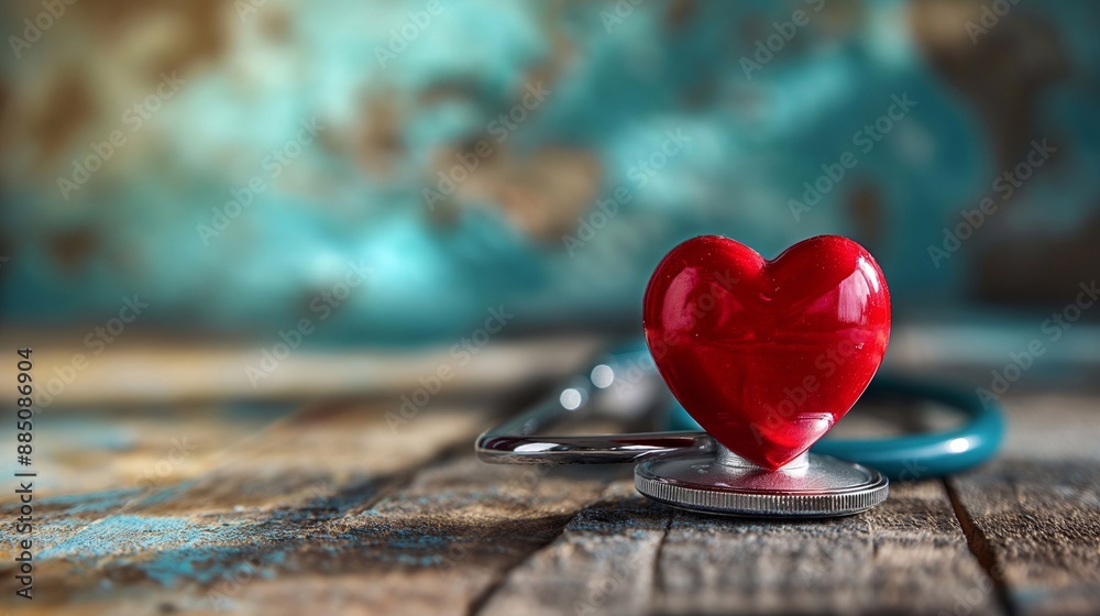 Fototapeta premium Stethoscope with red heart on wooden table. Health, and medical care. Cardiology and healthcare concept