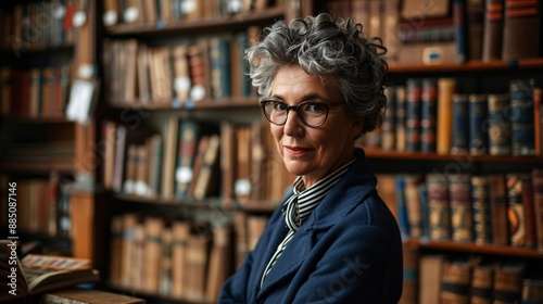 Confident senior librarian posing in a library with arms crossed, surrounded by bookshelves