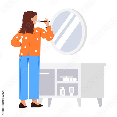 Girl applying makeup while standing in front of vanity, flat illustration 

