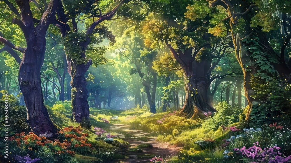 A beautiful fairytale enchanted forest with big trees and great vegetation. Digital painting background A beautiful fairytale enchanted forest with big trees and great vegetation. Digital painting background