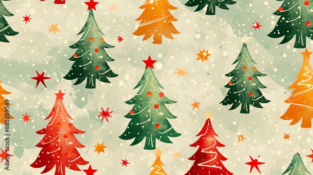 An artistic, whimsical pattern of various Christmas trees adorned with stars and baubles, set against a snowy backdrop. An artistic, whimsical pattern of various Christmas trees adorned with stars and baubles, set against a snowy backdrop.