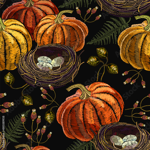 Orange pumpkin and bird nest. Halloween autumn gothic background. Embroidery seamless pattern. Template for clothes and t-shirt design