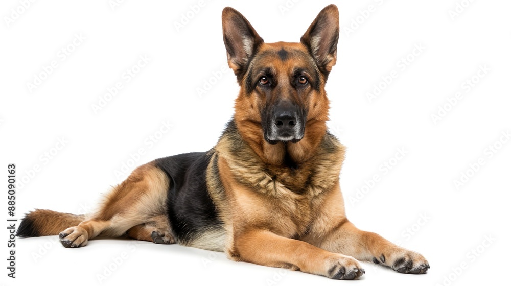 A German Shepherd sitting with an attentive expression, isolated on a white background A German Shepherd sitting with an attentive expression, isolated on a white background