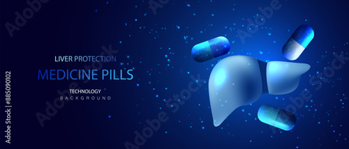 Liver protect pills technology banner. Therapy capsules in blue background. Healthcare medical and pharmacy concept of drug. Futuristic innovation care of liver organ vector illustration.