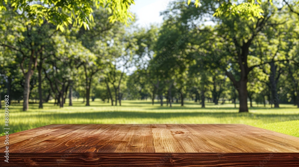 blank wooden table on green summer park background banner blank wooden table on green summer park background banner