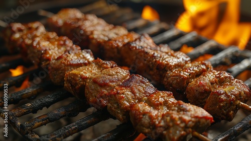 Grilled kebabs sizzle on the grill, showcasing perfectly charred edges and juicy, spiced meat.