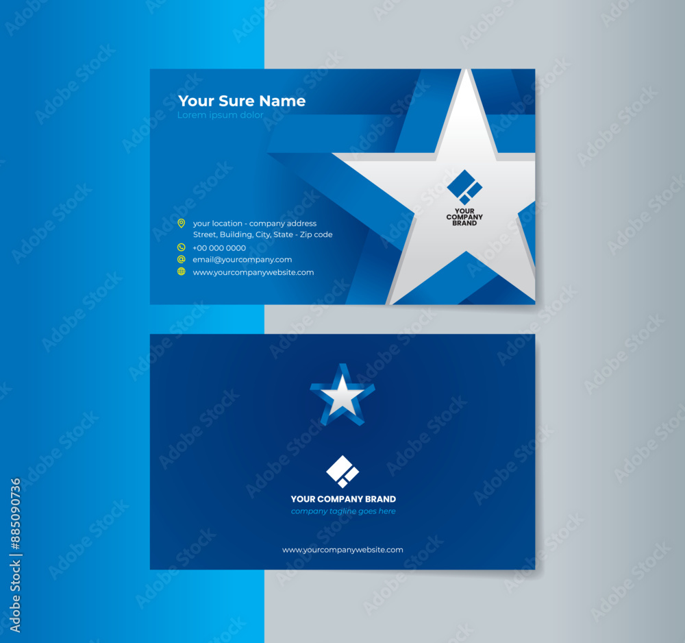 A set of horizontal double-sided business card template designs with Blue and white illustration of a folded ribbon in the shape of a five-sided star on gradation background A set of horizontal double-sided business card template designs with Blue and white illustration of a folded ribbon in the shape of a five-sided star on gradation background