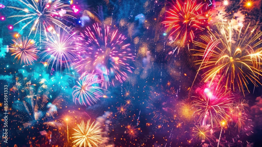 Fototapeta premium New Year's Eve fireworks burst in vibrant colors against a rustic dark blue night sky texture, creating a stunning festive scene