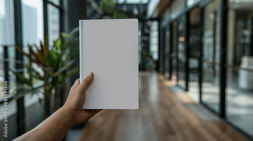 Hand holding a book. Blank front cover. Background is business workplace Hand holding a book. Blank front cover. Background is business workplace