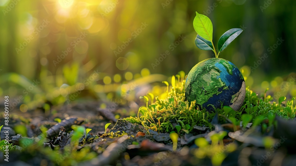Green planet Earth with growing plants on mossy ground, morning sunlight, environment concept Green planet Earth with growing plants on mossy ground, morning sunlight, environment concept