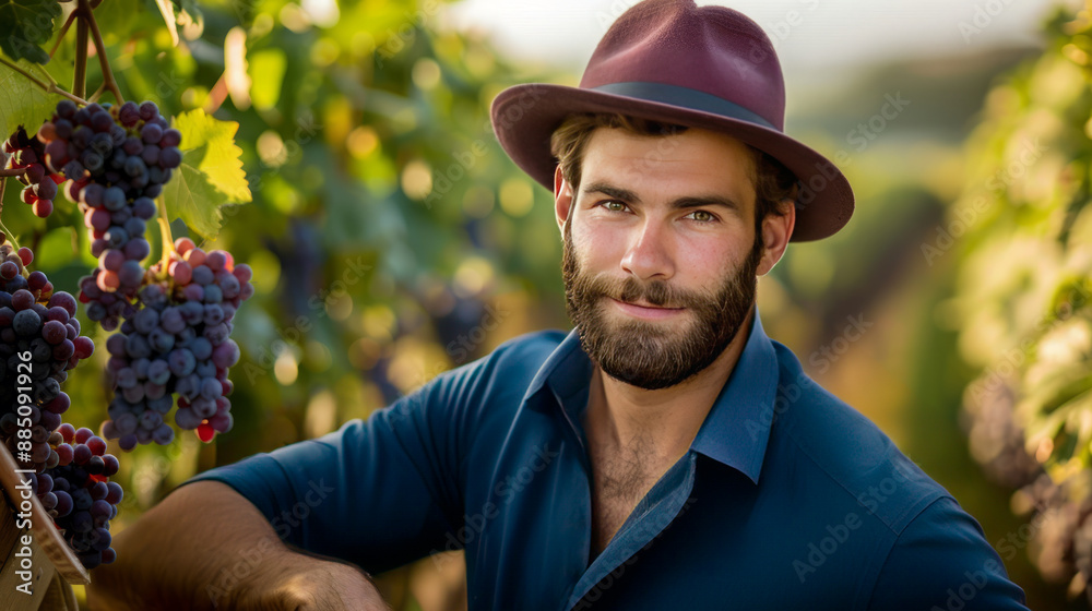 Young Bearded man in a hat standing in a vineyard with grapes. Close-up Young farmer in a Vineyard. Agriculture background for design and print, poster, banner. Young Bearded man in a hat standing in a vineyard with grapes. Close-up Young farmer in a Vineyard. Agriculture background for design and print, poster, banner.