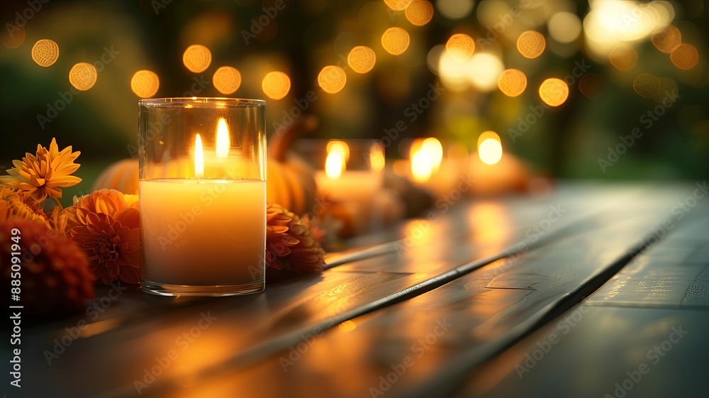 Cozy outdoor scene with lit candles on a wooden table, surrounded by flowers and glowing string lights, creating a warm and inviting ambiance. Cozy outdoor scene with lit candles on a wooden table, surrounded by flowers and glowing string lights, creating a warm and inviting ambiance.